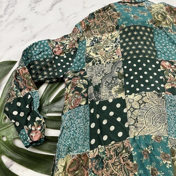Via Max Womens Vintage 90s Silk Oversize Shirt Size S Green Tan Mixed Floral - Picture 11 of 12
